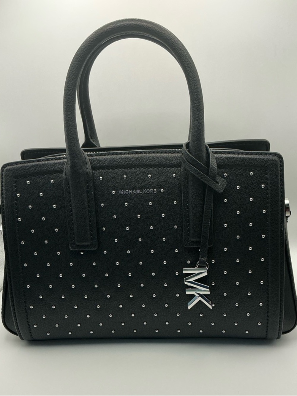 Michael Kors Tamaro Small Studded Satchel Black Silver Studs MK Charm